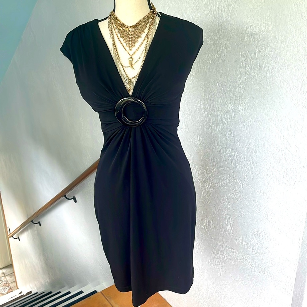 Cache Vintage Black,‎ Low Cut V-Neck With Brooch Center Sheath Dress Sz 4